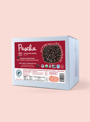 100% Dark Chocolate Chip Bulk Box on  light red background