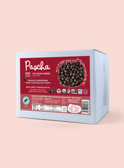 100% Dark Chocolate Chip Bulk Box on a light red background