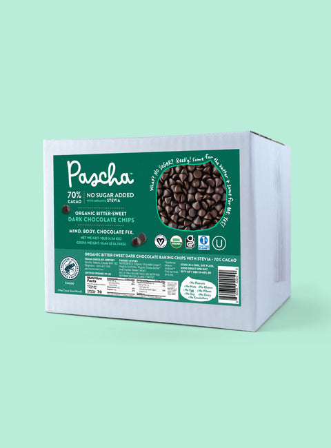 70% Chocolate Chip Bulk Box on a teal background 