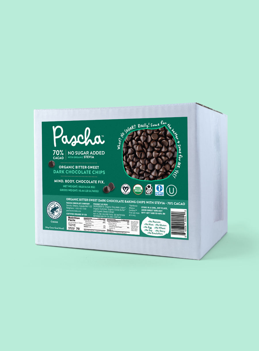 70% Chocolate Chip Bulk Box on a teal background 