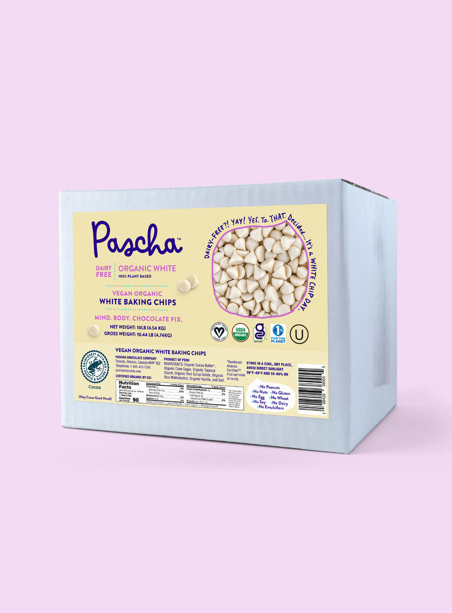 White Vegan Organic Baking Chips Bulk Box on a pink background 