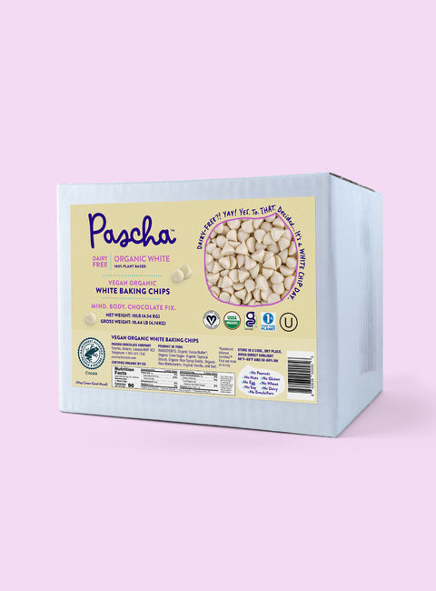 White Vegan Organic Baking Chips Bulk Box on a pink background 