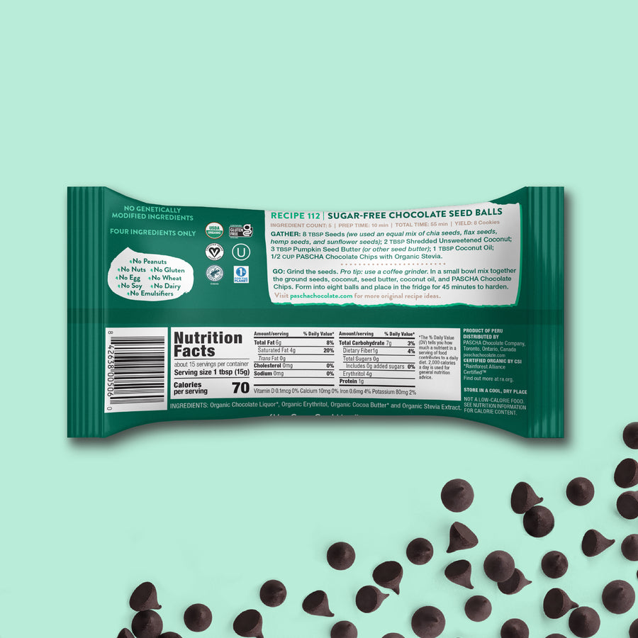 70% Cacao Organic Vegan Bitter-Sweet Dark Chocolate Chips with Organic Stevia (8.0oz) - Sugar-Free & Keto Friendly