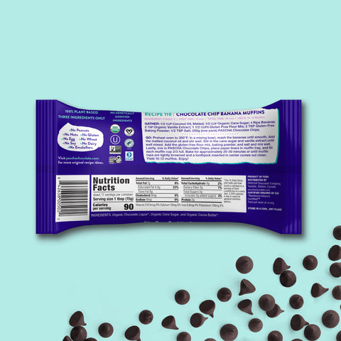The back of the Pascha Chocolate  85% chocolate chip bag