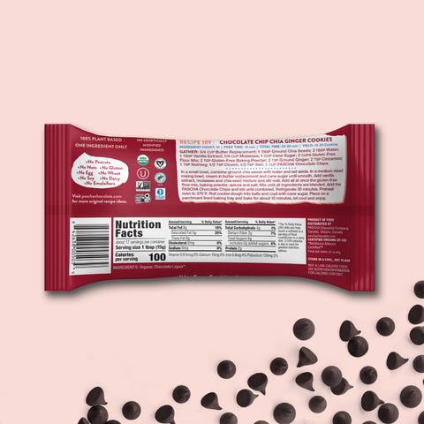The back of the 100% Chips bag with Nutrition Facts, Ingredients & Chocolate Chip Chia Ginger Cookies