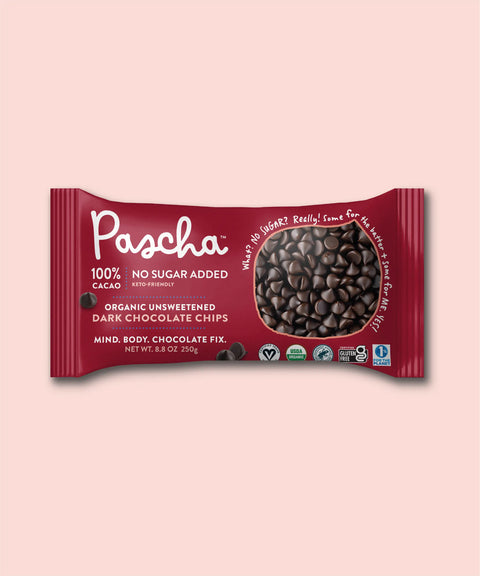 100% No Sugar Added Keto-Friendly Dark Chocolate Chips bag front panel
