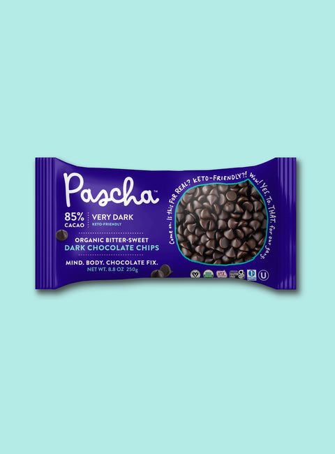 The front of the 85% Very Dark Chocolate Chips Bag