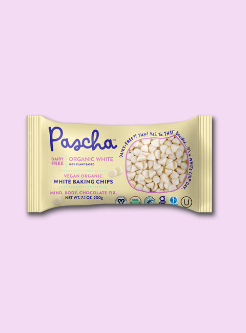 Front of Pascha Chocolate Vegan Organic White Baking Chips