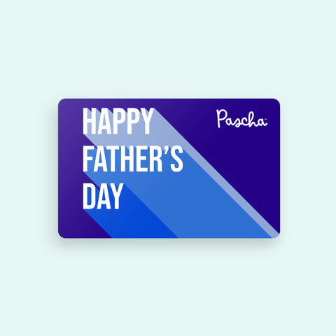 A dark blue Father's Day gift card  that reads HAPPY FATHER'S DAY with the Pascha logo in the bottom right corner. 