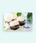 Mother's day themed gift card with chocolate cupcakes with pink icing and a white pascha chocolate bar piece on the top