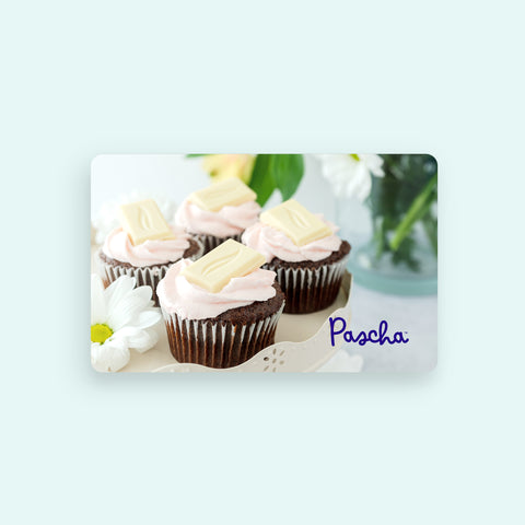 Mother's day themed gift card with chocolate cupcakes with pink icing and a white pascha chocolate bar piece on the top