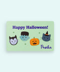 Halloween-themed gift card with cartoon characters and 'Happy Halloween!' text on a light green background on a card