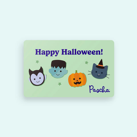 Halloween-themed gift card with cartoon characters and 'Happy Halloween!' text on a light green background on a card