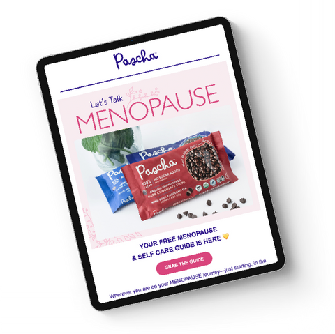 A tablet with a Pascha email displayed within. Let's Talk Menopause is the title with an image of 3 Pascha Chocolate Chip bags stacked on each other. Your Free Menopause & Self Care Guide is Here is the next section below the image with a button Grab the Guide