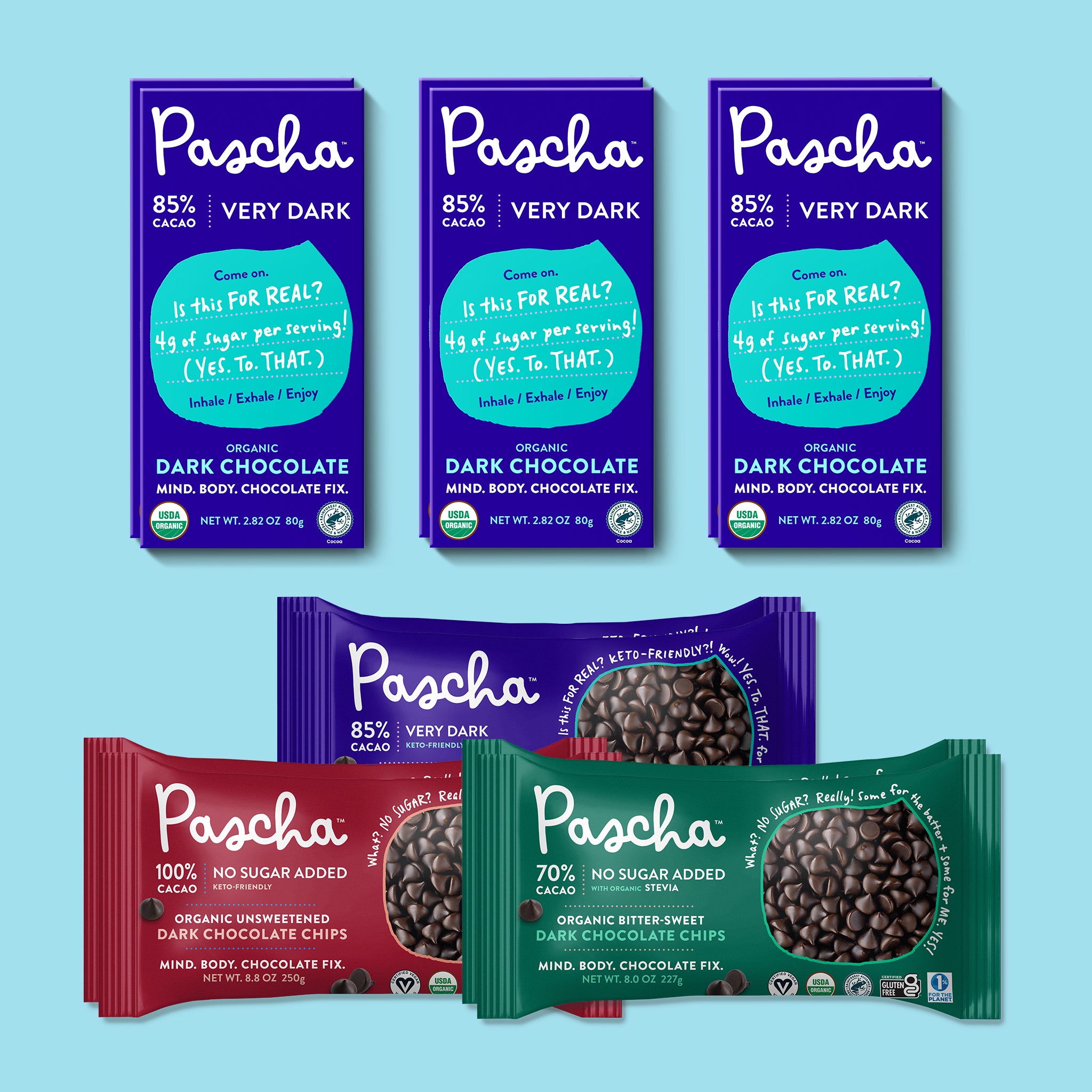 Keto Bundle for Baking and Snacking (6 Bars & 6 Chips, 2 Each of 100%, 85%  & 70% with Stevia) - Pascha Chocolate Co