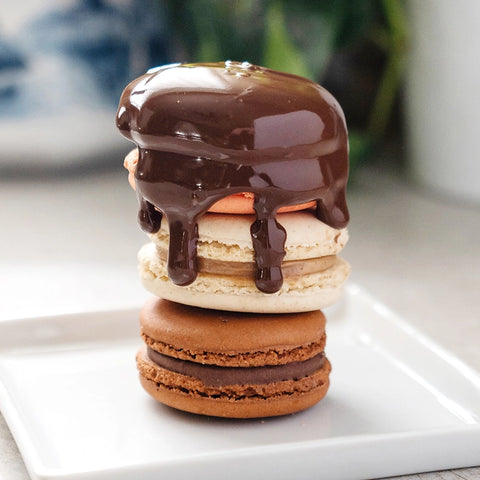 A stack of brown, white and red macaroons is resting on a white plate with some plants in the background. There is melted dark chocolate drizzled on the top 