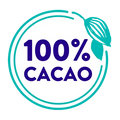 Circular symbol outlined with teal and a teal cacao bean on the outside and 100% Cacao written in the middle on a white background