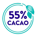 Circular symbol outlined with teal and a teal cacao bean on the outside and 55% Cacao written in the middle on a white background