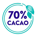 Circular symbol outlined with teal and a teal cacao bean on the outside and 70% Cacao written in the middle on a white background