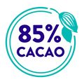 Circular symbol outlined with teal and a teal cacao bean on the outside and 85% Cacao written in the middle on a white background