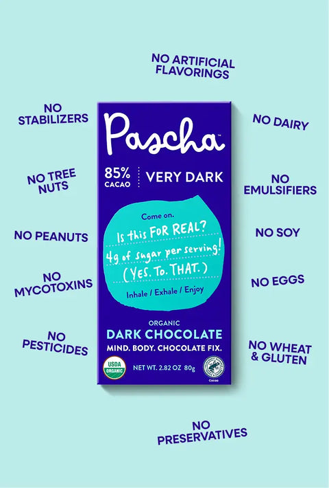 Pascha 85% Very Dark Chocolate Bar rests in the middle on a teal background with words surrounding the bar. Starting top left - No Stabilizers, No Artificial Flavorings, No Tree Nuts, No Peanuts, No Mycotoxins, No Pesticides, No Preservatives, No Dairy, No Emulsifiers, No Soy, No Eggs, No Wheat & Gluten 