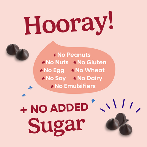 Hooray sheet explaining all of the allergens that Pascha Chocolate is free from. No Peanuts, no nuts, no gluten, no egg, no wheat, no soy, no dairy, no emulsifiers. Plus no added sugar