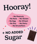 Hooray sheet explaining all of the allergens that Pascha Chocolate is free from. No Peanuts, no nuts, no gluten, no egg, no wheat, no soy, no dairy, no emulsifiers. Plus no sugar added