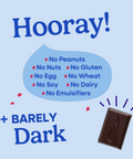 Hooray sheet explaining all of the allergens that Pascha Chocolate is free from. No Peanuts, no nuts, no gluten, no egg, no wheat, no soy, no dairy, no emulsifiers. Plus barely dark