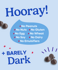 Hooray sheet explaining all of the allergens that Pascha Chocolate is free from. No Peanuts, no nuts, no gluten, no egg, no wheat, no soy, no dairy, no emulsifiers. Plus barely dark