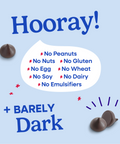 Hooray sheet explaining all of the allergens that Pascha Chocolate is free from. No Peanuts, no nuts, no gluten, no egg, no wheat, no soy, no dairy, no emulsifiers. Plus barely dark 