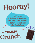 Hooray sheet explaining all of the allergens that Pascha Chocolate is free from. No Peanuts, no nuts, no gluten, no egg, no wheat, no soy, no dairy, no emulsifiers. Plus yummy crunchy
