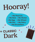 Hooray sheet explaining all of the allergens that Pascha Chocolate is free from. No Peanuts, no nuts, no gluten, no egg, no wheat, no soy, no dairy, no emulsifiers. Plus classic dark
