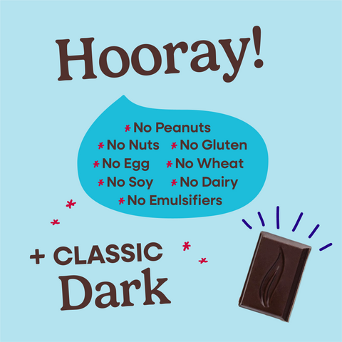 Hooray sheet explaining all of the allergens that Pascha Chocolate is free from. No Peanuts, no nuts, no gluten, no egg, no wheat, no soy, no dairy, no emulsifiers. Plus classic dark