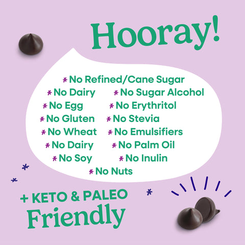 Speech bubble with chocolate chips and allergy-free text on a light purple background