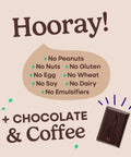 Hooray sheet explaining all of the allergens that Pascha Chocolate is free from. No Peanuts, no nuts, no gluten, no egg, no wheat, no soy, no dairy, no emulsifiers. Plus chocolate and coffee