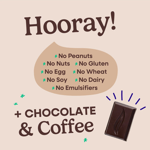 Hooray sheet explaining all of the allergens that Pascha Chocolate is free from. No Peanuts, no nuts, no gluten, no egg, no wheat, no soy, no dairy, no emulsifiers. Plus chocolate and coffee