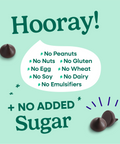 Hooray sheet explaining all of the allergens that Pascha Chocolate is free from. No Peanuts, no nuts, no gluten, no egg, no wheat, no soy, no dairy, no emulsifiers. Plus no added sugar