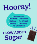 Hooray sheet explaining all of the allergens that Pascha Chocolate is free from. No Peanuts, no nuts, no gluten, no egg, no wheat, no soy, no dairy, no emulsifiers. Plus Low Added Sugar