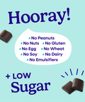 Hooray sheet explaining all of the allergens that Pascha Chocolate is free from. No Peanuts, no nuts, no gluten, no egg, no wheat, no soy, no dairy, no emulsifiers. Plus low sugar