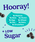 Hooray sheet explaining all of the allergens that Pascha Chocolate is free from. No Peanuts, no nuts, no gluten, no egg, no wheat, no soy, no dairy, no emulsifiers. Plus low sugar