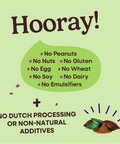 Hooray sheet explaining all of the allergens that Pascha Chocolate is free from. No Peanuts, no nuts, no gluten, no egg, no wheat, no soy, no dairy, no emulsifiers. And no dutch processing or non-natural additives