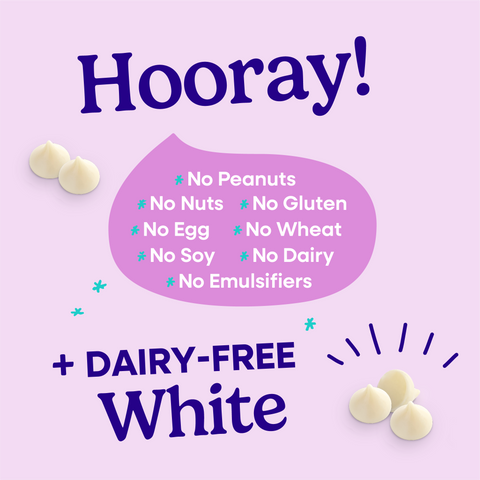 Hooray sheet explaining all of the allergens that Pascha Chocolate is free from. No Peanuts, no nuts, no gluten, no egg, no wheat, no soy, no dairy, no emulsifiers. Plus dairy-free white