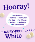 Hooray sheet explaining all of the allergens that Pascha Chocolate is free from. No Peanuts, no nuts, no gluten, no egg, no wheat, no soy, no dairy, no emulsifiers. Plus dairy-free white