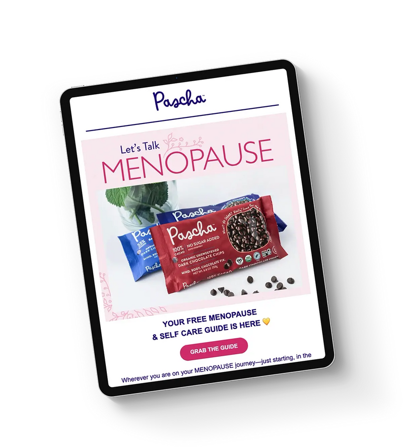 A tablet with a mock up of a Pascha email highlighting Let's Talk Menopause. There is an image under the title of Pascha Chocolate Chip bags stacked on top of each other. Under the image is text to get your free Menopause Guide.