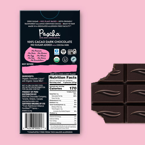 100% Cacao Organic Vegan Dark Chocolate Bar with Cocoa Nibs
