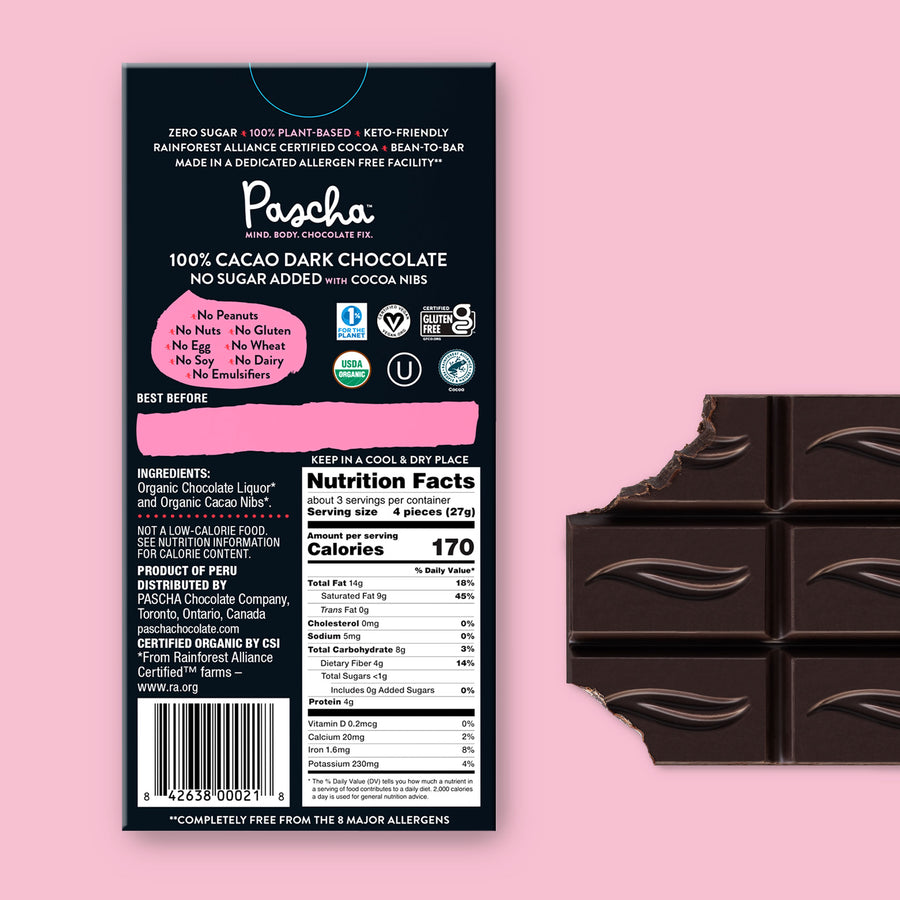 100% Cacao Organic Vegan Dark Chocolate Bar with Cocoa Nibs (2.8 oz) - Keto Friendly