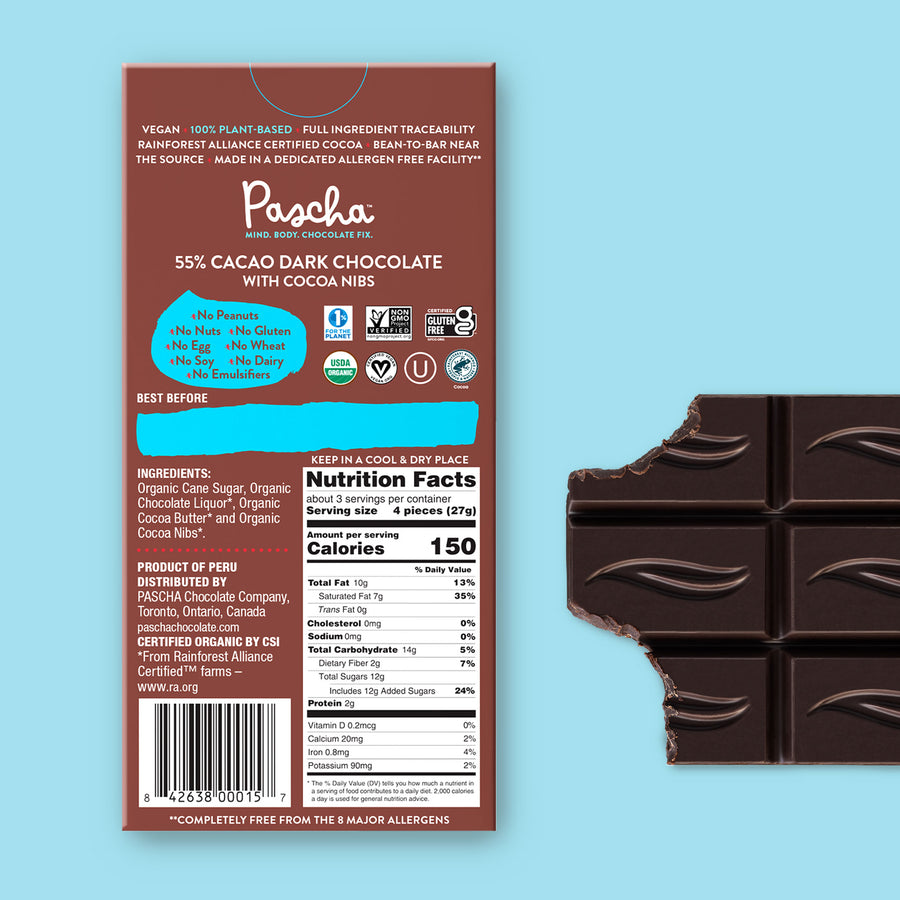 55% Cacao Organic Vegan Dark Chocolate Bar with Cocoa Nibs (2.8 oz)