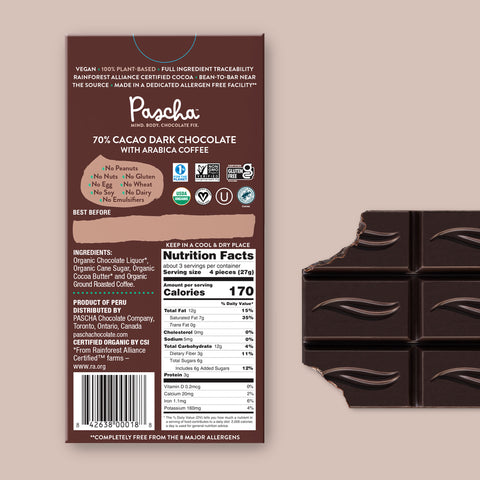 70% Cacao Organic Vegan Dark Chocolate Bar with Arabica Coffee