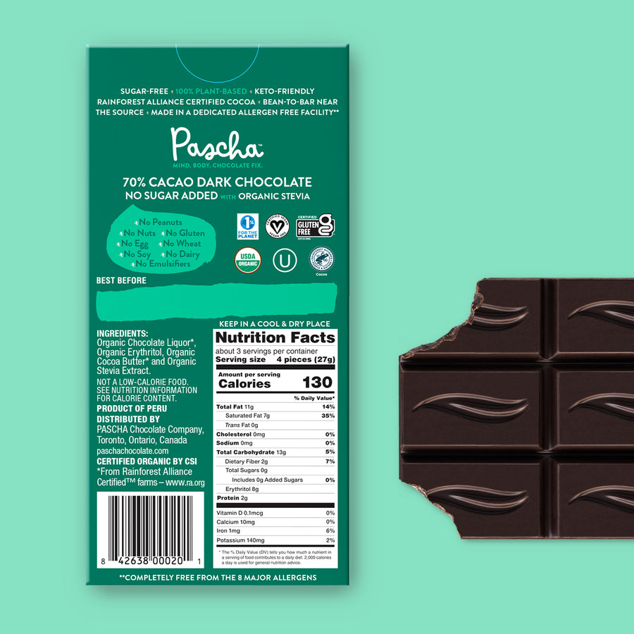 70% Cacao Organic Vegan Dark Chocolate Bar with Organic Stevia (2.8 Oz) -  Sugar-Free & Keto Friendly