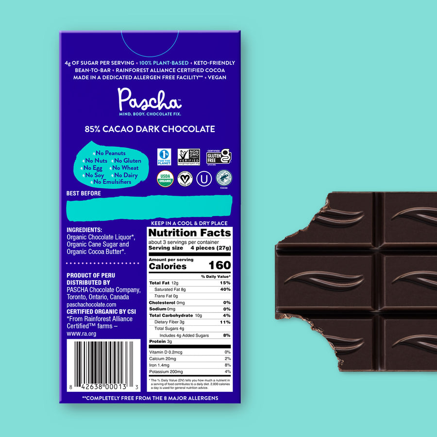 85% Cacao Organic Vegan Dark Chocolate Bar (2.8 oz) - Keto Friendly